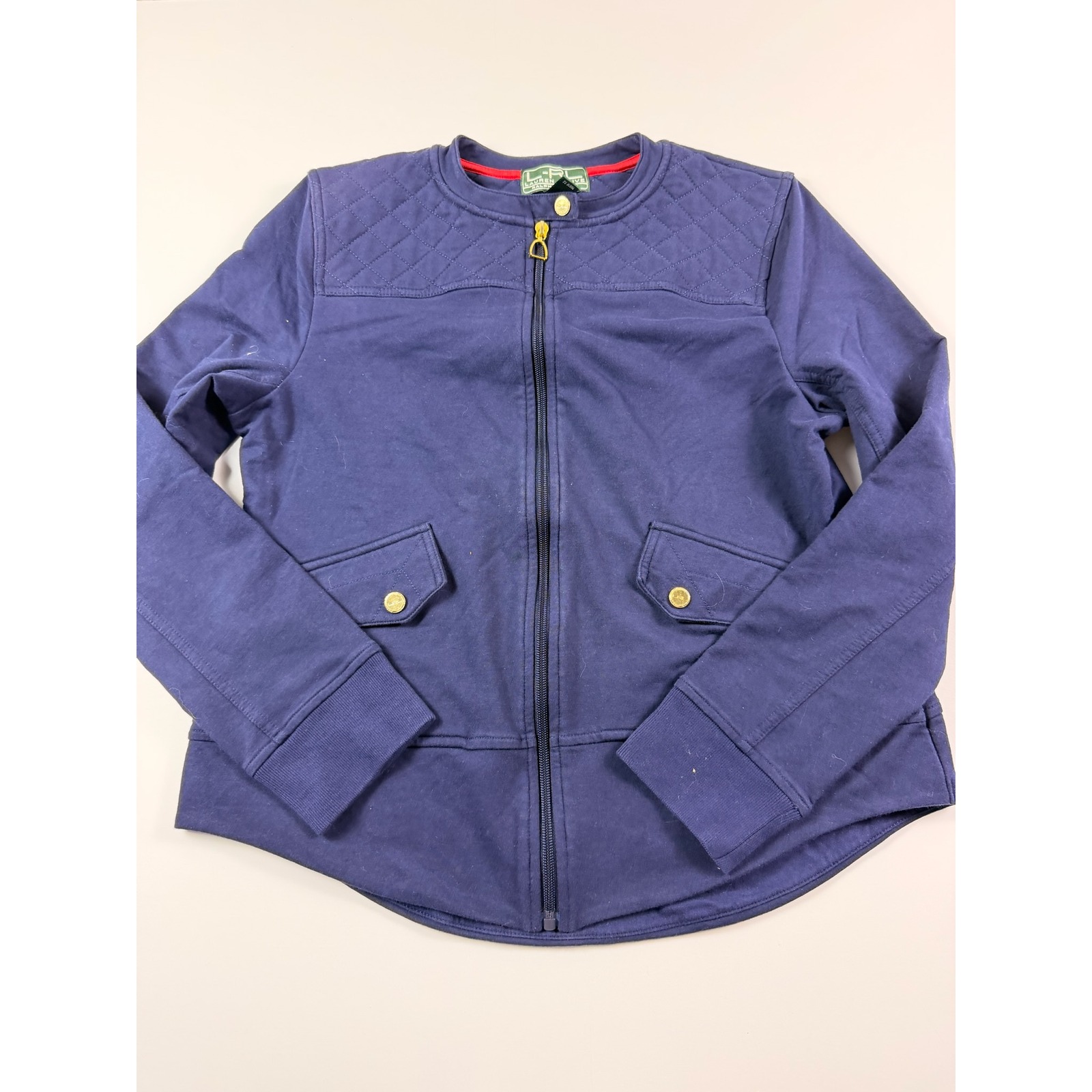 Lauren Ralph Lauren Women's Navy Quilted Full Zip Jacket Gold Hardware Large